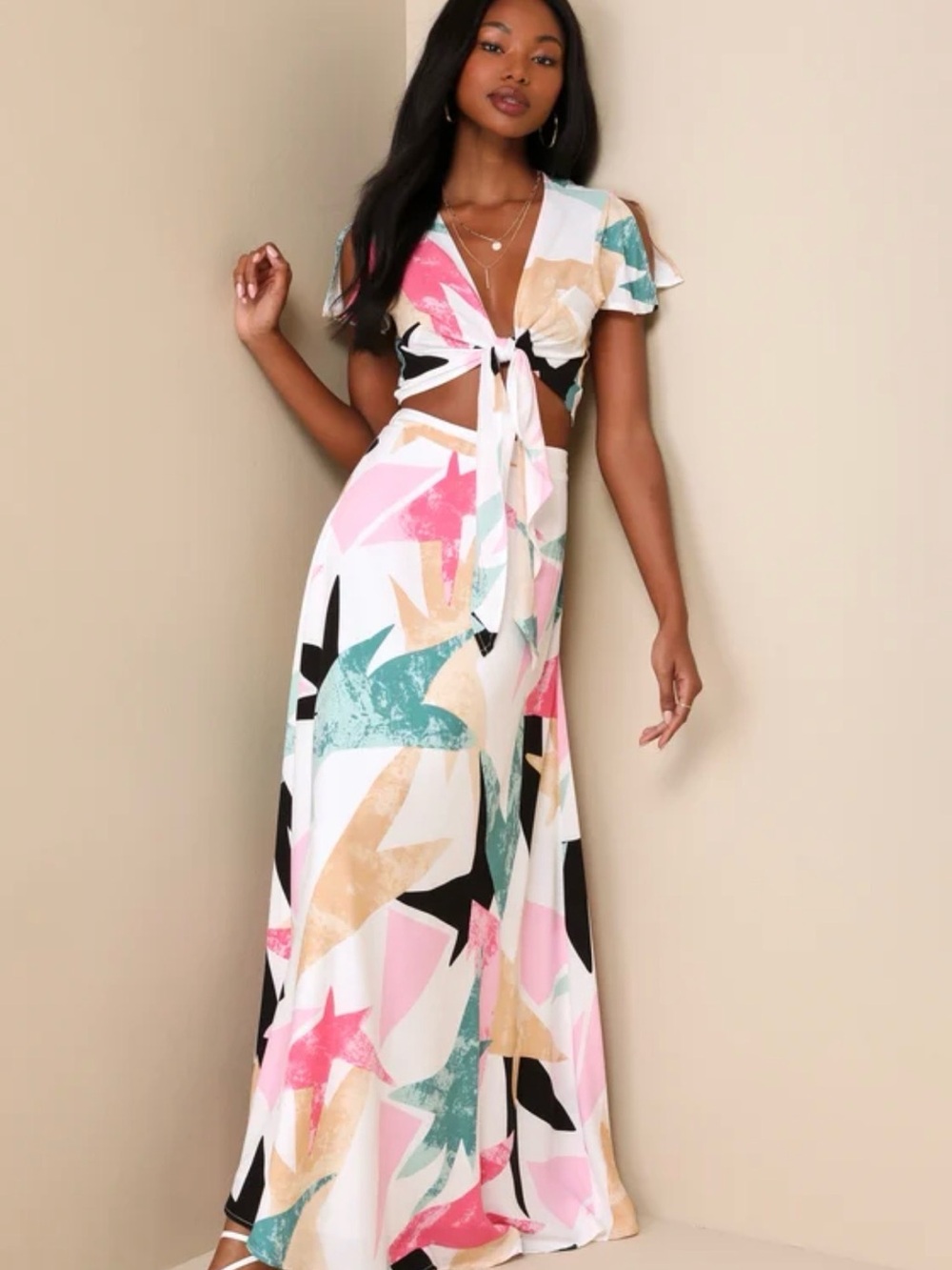 Lulu's Multicolor Tie-Front Maxi Dress in Pink, Teal & Beige